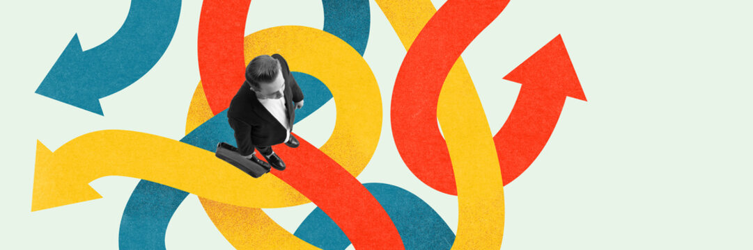 Businessman standing on many tangled multicolored arrows, symbolizing complexity to find right direction in business. Contemporary art collage. Concept of business, progress, achievement, development