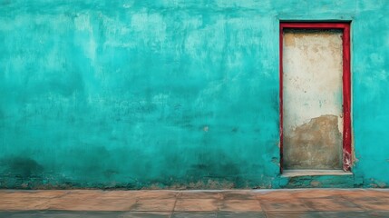 A single old door is set within a weathered teal wall, highlighted by a contrasting red doorway frame.