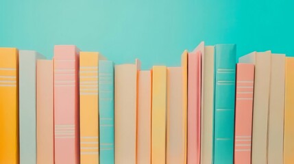 The books are neatly arranged on a bookshelf with a pastel background