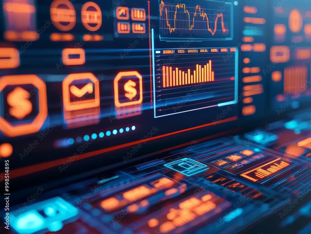 Poster futuristic dashboard interface showcasing data analytics, financial graphs, and trading metrics in v
