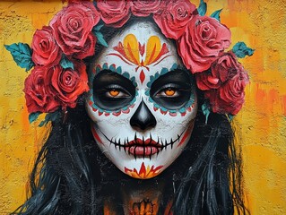 A vibrant mural featuring a sugar skull girl adorned with a crown of roses and captured in vivid colors against a backdrop.