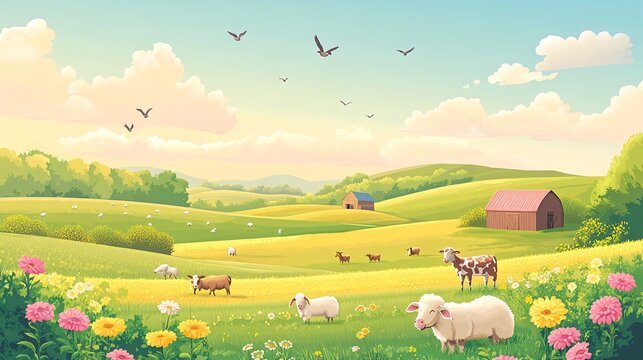 A pastoral landscape with rolling hills, a farm, and grazing sheep.
