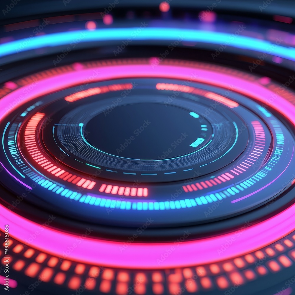 Poster futuristic digital interface featuring vibrant neon colors and circular patterns. ideal for technolo