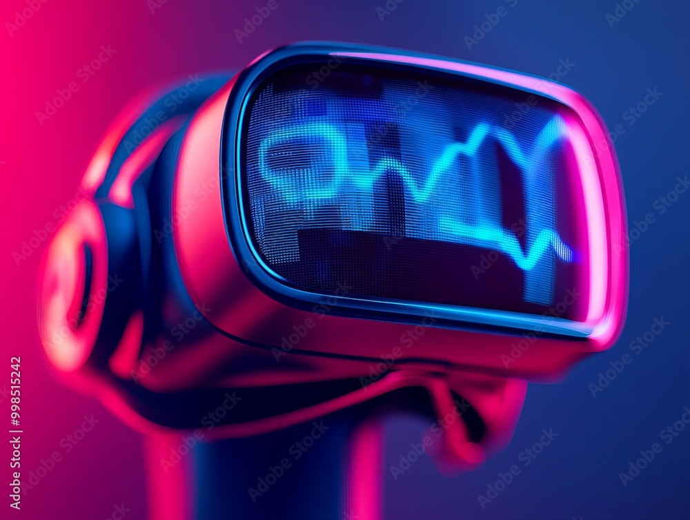 Poster futuristic virtual reality headset with vibrant neon display, showcasing waveforms and digital techn