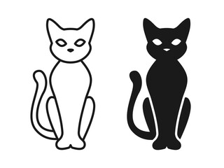 Sitting cat icon. Elegant cat logo. Witchcraft black kitten with tail vector illustration. Black and white kitty silhouette. Animal mammal pet symbol. Graphic design cat logotype.