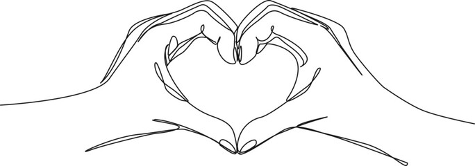 continuous single line drawing of two hands making a heart shape, line art vector illustration
