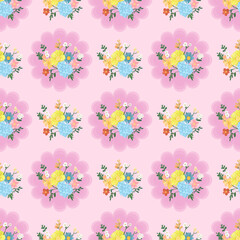 Floral Pastel Harmony: Hand-Drawn Wildflower Pattern - Vintage Flowers Seamless Pattern on Pink Background