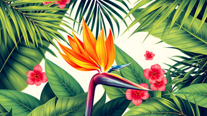 Tropical background with strelitzia flower. Vector illustration