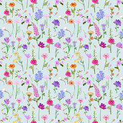 Seamless Floral Pattern with Colorful Wildflowers on Light Blue Background