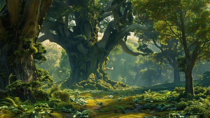 A beautiful fairytale enchanted forest with big trees and great vegetation