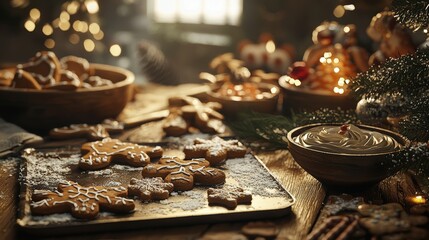Festive Christmas Baking Scene with Gingerbread Cookies, Icing Decorations, and Rustic Kitchen Decor