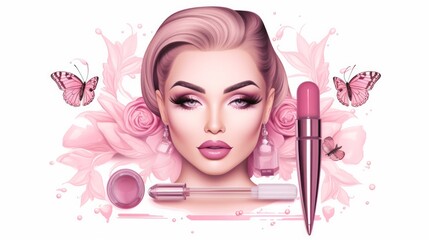 Beautiful woman face makeup with cosmetic brushes, lipstick and blush fashion illustration. Neural network ai generated art