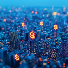 Obraz premium A vibrant cityscape illuminated by dollar signs, symbolizing financial growth and economic prosperity in an urban environment.