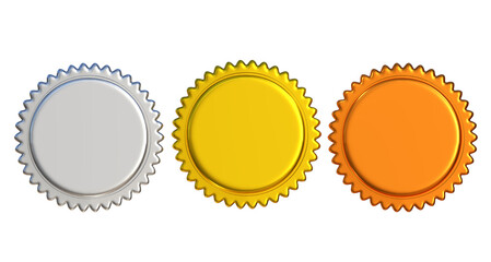 Award silver golden and bronze blank seals 3d realistic illustration. First, second and third place seals isolated on png transparent background.