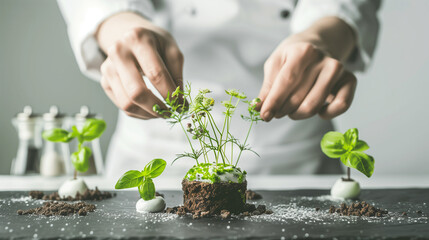 A chef is preparing a dish with a plant on top