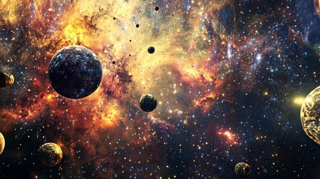 A view of a distant galaxy, featuring a bright nebula and several planets