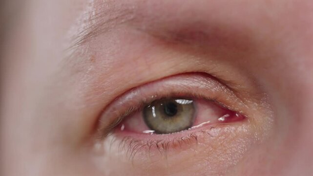 Red blood eye of woman affected by conjunctivitis or after flu, cold or allergy