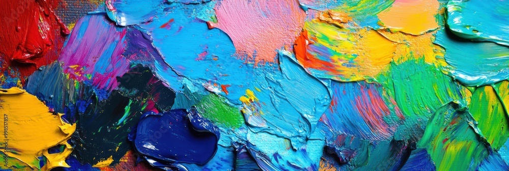 Poster bright splashes of color fill a palette while brushes rest on a canvas, revealing bold abstract arti