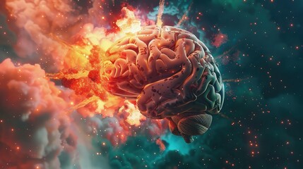 Concept art of a human brain exploding with knowledge and creativity