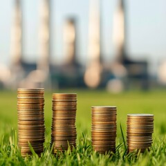 Stacks of coins on lush grass, symbolizing wealth growth and investment opportunities in a modern industrial backdrop.
