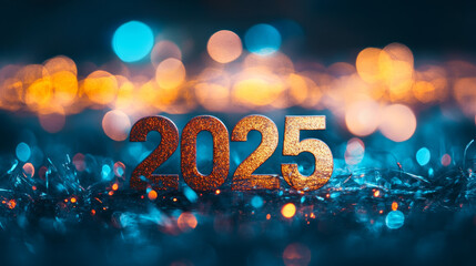 New Year Golden glittering numbers 2025 with fairy lights in blurry background