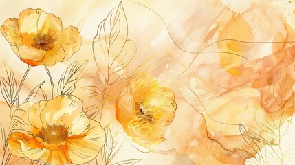 Luxury minimal style wallpaper with golden line art flower and botanical leaves, Organic shapes, Watercolor