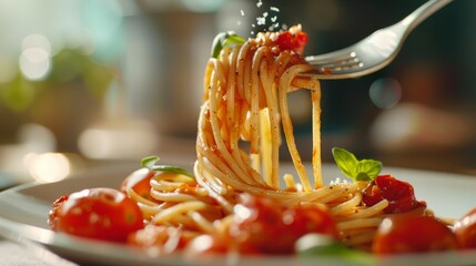 Delicious scene of fork twirling spaghetti with juicy tomatoes and rich sauce on a beautiful plate