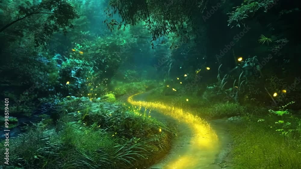 Aufkleber a winding path through a lush forest is illuminated by the flickering lights of fireflies on a warm 