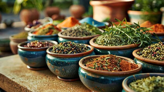 A variety of spices are displayed in colorful bowls on a wooden table at a market
