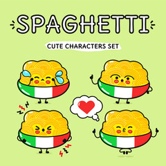 Funny cute Plate of Spaghetti characters bundle set. Vector hand drawn doodle style cartoon character illustration icon design. Isolated on blue background. Plate of Spaghetti mascot collection