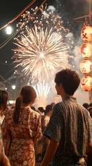 鮮やかな花火と提灯でお祝いする日本の夏祭りのポスター