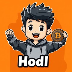 Obraz premium Happy cartoon character holding bitcoin and hodling