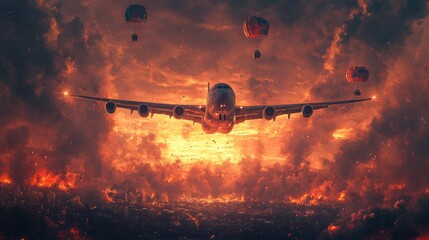 Airplane Flying Over Fiery Cityscape