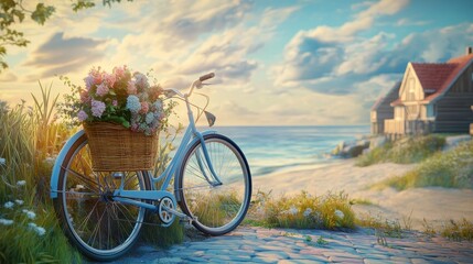 Fototapeta premium Vintage Bicycle with Flowers by the Seaside Path