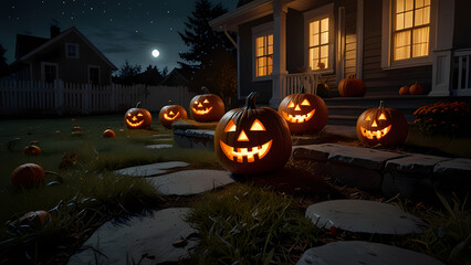 Halloween pumpkins placed in front of a house at night