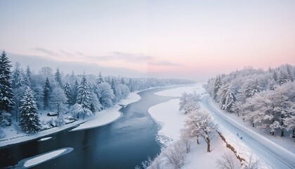 A serene winter landscape features a frozen river, snow-covered trees, and a warm, pinkish-orange sky, captured from a high vantage point