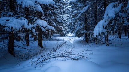 winter night landscape. snowy forest and fir branches
