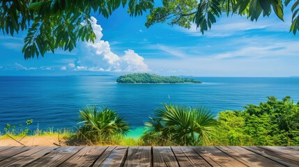 Wooden table on the background of the sea, island and the blue sky