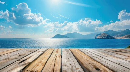 Wooden table on the background of the sea, island and the blue sky