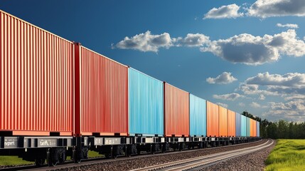 Obraz premium Colorful freight containers line a railway track under a clear blue sky, showcasing the logistics and transport industry.