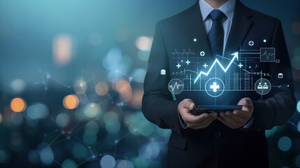 Businessman in suit holding digital screen with rising healthcare investment graph, symbolizing growth and financial success in medical sector.