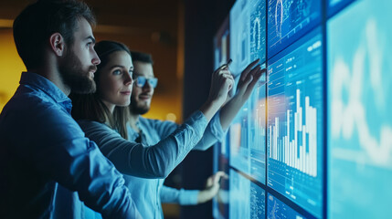 A business intelligence team collaborating on data visualization and insights