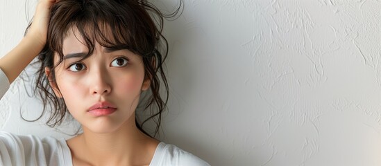 Frustrated consumer holding head, staringat blank wall with confused expression, isolated on neutral background, conveying consumer frustration and confusion