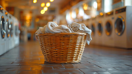 Wicker laundry basket overflowing with clothes sits on the floor of a brightly lit laundromat, waiting to be washed