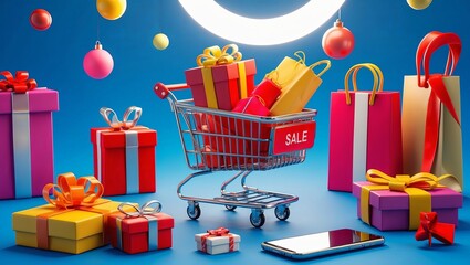 3D Render Shopping Cart with Bags on Blue Background Suitable for Promotion Product Marketing. Shopping Cart 3D render. 
