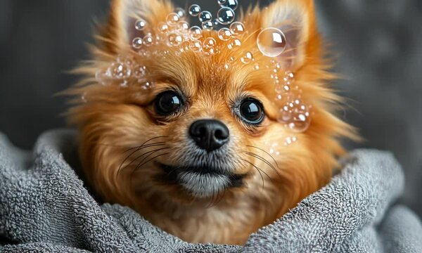 A fluffy dog wrapped in a towel with bubbles on its head.