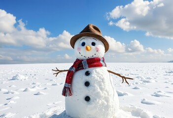 Obraz premium A snowman with a brown hat, red scarf, and orange beak stands in a snowy field, surrounded by a clear blue sky and distant mountains, creating a serene winter scene
