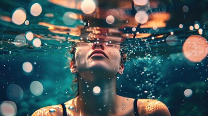 Person underwater with eyes closed, holding breath, surrounded by rising bubbles. Crystal clear water, focused on subject.