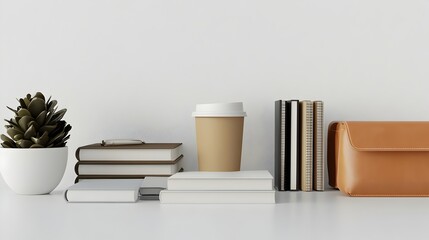 Organized Collection of Leather Notebooks Motivational Literature and Beverage on Clean White Background