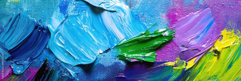 Poster bright colors swirl on the palette while paintbrushes dance across the canvas, creating abstract art